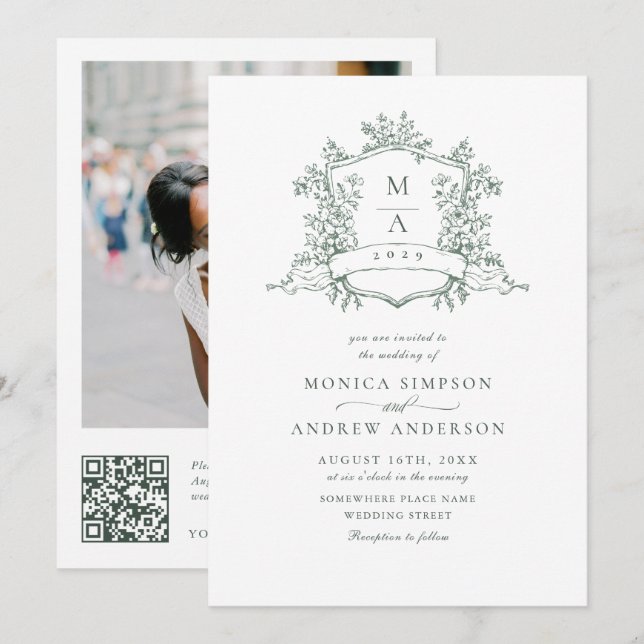 Invitation Elégant Sage Green French Garden Wedding Code QR (Devant / Derrière)