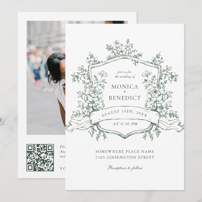 Invitation Elégant Sage Green French Garden Wedding Code QR (Devant / Derrière)