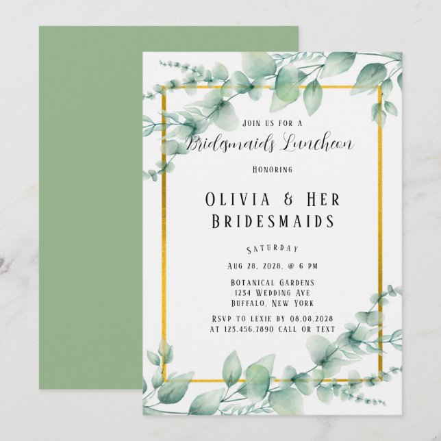 Invitation Élégant Sage Green Greenery Gold Bridesmaiers Déje (Devant / Derrière)