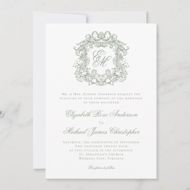 Invitation Elegant Sage Green Monogram Wedding Crest (Devant)