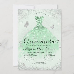 Invitation Elégant Sage Green Parties scintillant Argent Gown