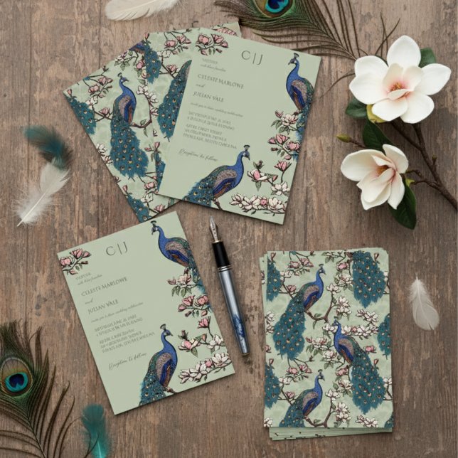 Invitation Elégant Sage Green Peacock et Fleurs Mariage (Elegant Floral Peacock Wedding Invitations in Sage Green. Pattern of Peafowl Birds & Magnolia Flower)