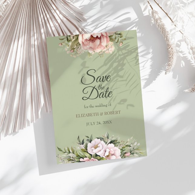 Invitation Elegant Sage Green Peony Floral Save the Date Card (Elegant Sage Green Peony Floral Save the Date Card on a sunny table with dry white botanicals)
