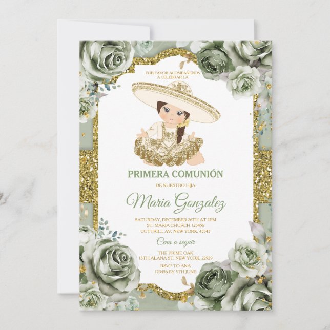 Invitation Elégant Sage Green Primera comunión CUTE Girl Gold (Devant)
