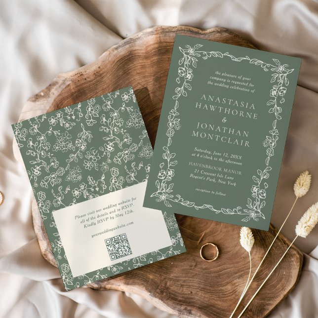 Invitation Elegant Sage Green QR Code RSVP Victorian Wedding (Créateur téléchargé)