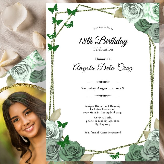 Invitation Elegant Sage Green Rose 18th Birthday Debut  (Créateur téléchargé)