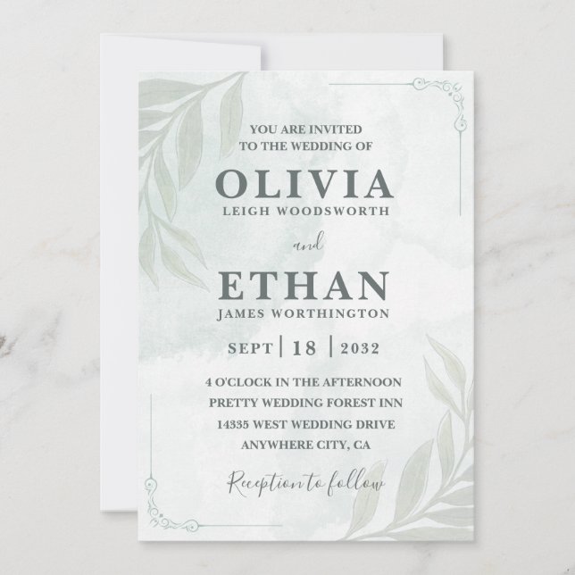 Invitation Elegant Sage Green Watercolor Foliage Wedding  (Devant)
