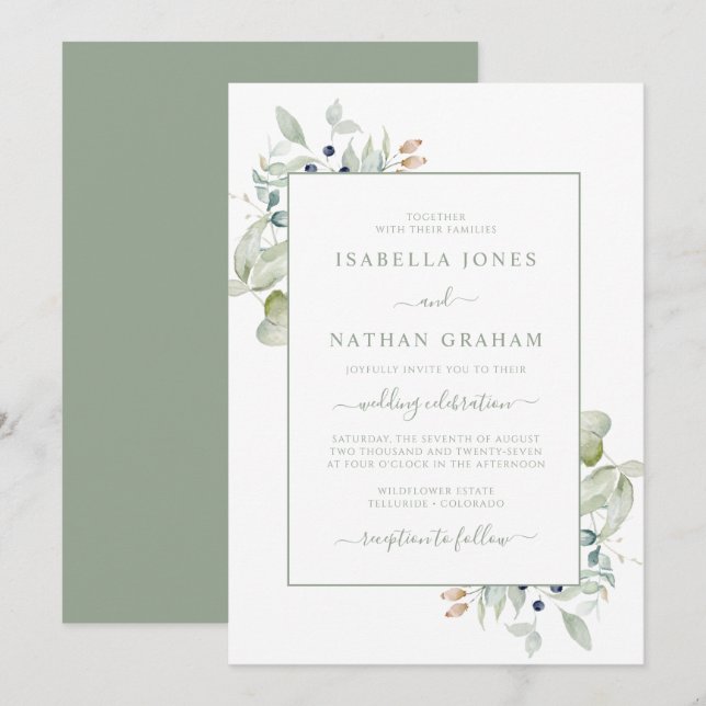 Invitation Elegant Sage Navy Aquarelle Mariage botanique (Devant / Derrière)