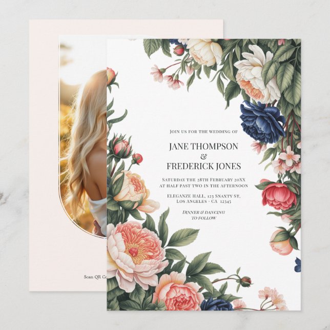 Invitation Elegant Sage, Navy & Peach Floral Wedding QR Code (Devant / Derrière)