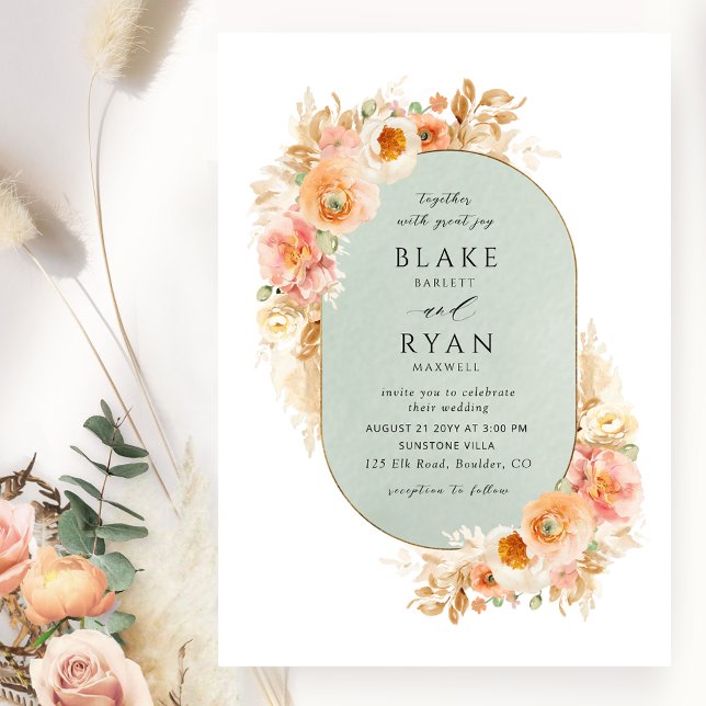 Invitation Elégant Sage, Peach Blush et Crème Mariage ovale I (Créateur téléchargé)
