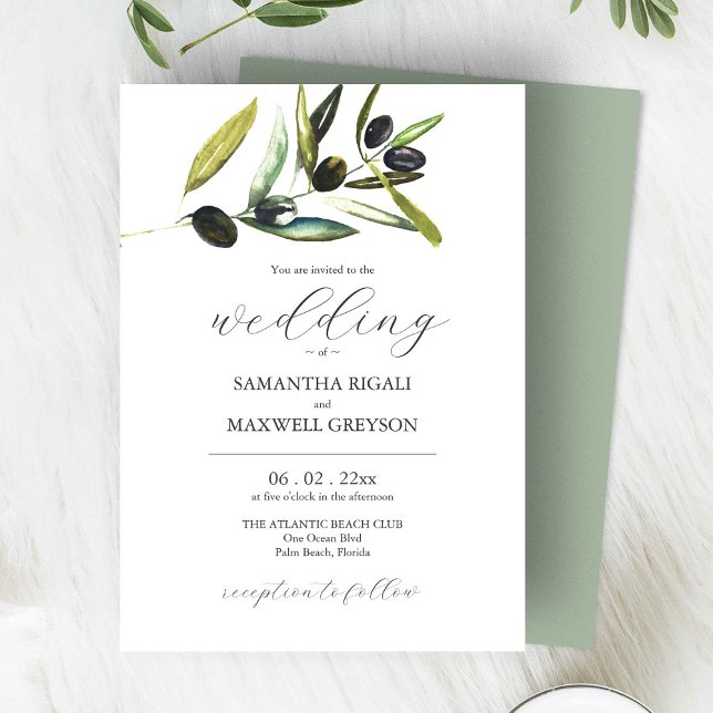 Invitation Elégant Sage Vert Aquarelle Verdure Mariage (watercolor wedding invitations hand painted olive branch art by Victoria Grigaliunas Do Tell A Belle)