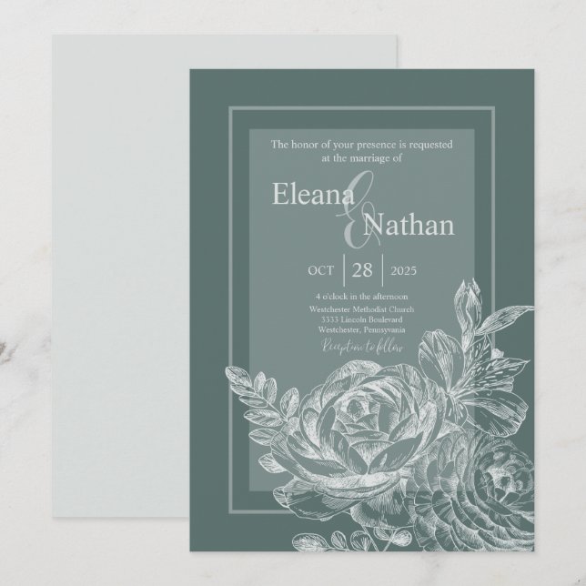 Invitation Élégant Sage vert et Mariage végétal (Devant / Derrière)