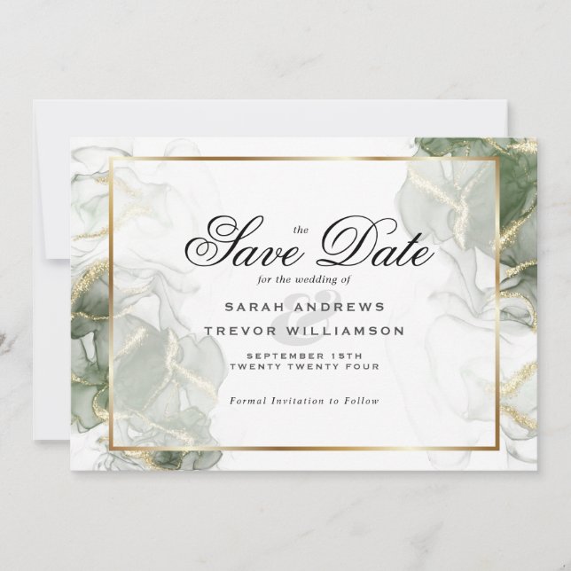 Invitation Élégant Sage Vert et Or Encre d'alcool (Devant)