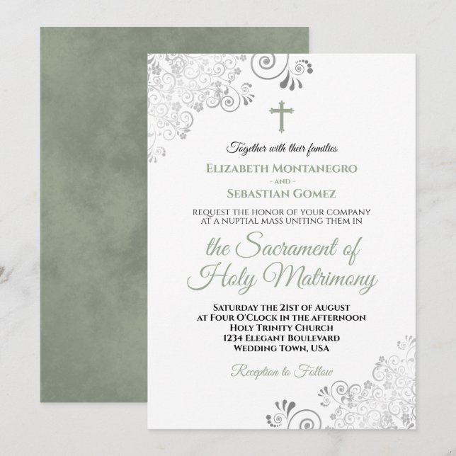 Invitation Élégant Sage Vert & Gris Moderne Mariage catholiqu (Devant / Derrière)