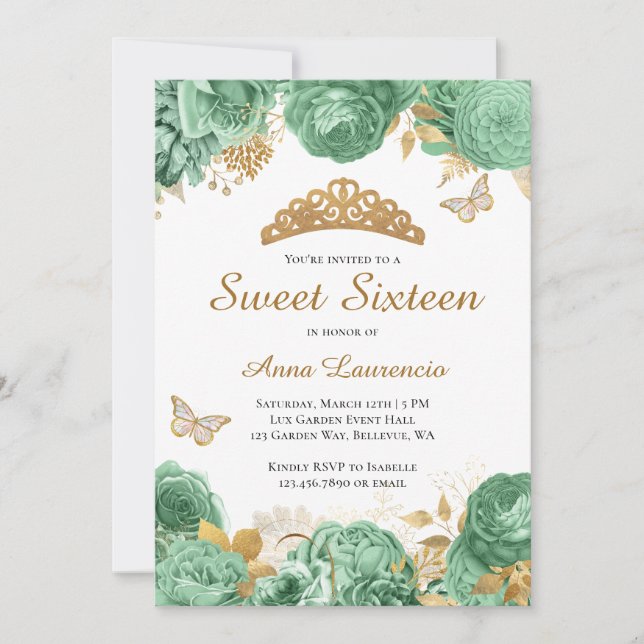 Invitation Élégant Sage Vert Or Floral Sweet 16 Seteen (Devant)