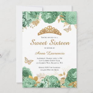 Invitation Élégant Sage Vert Or Floral Sweet 16 Seteen