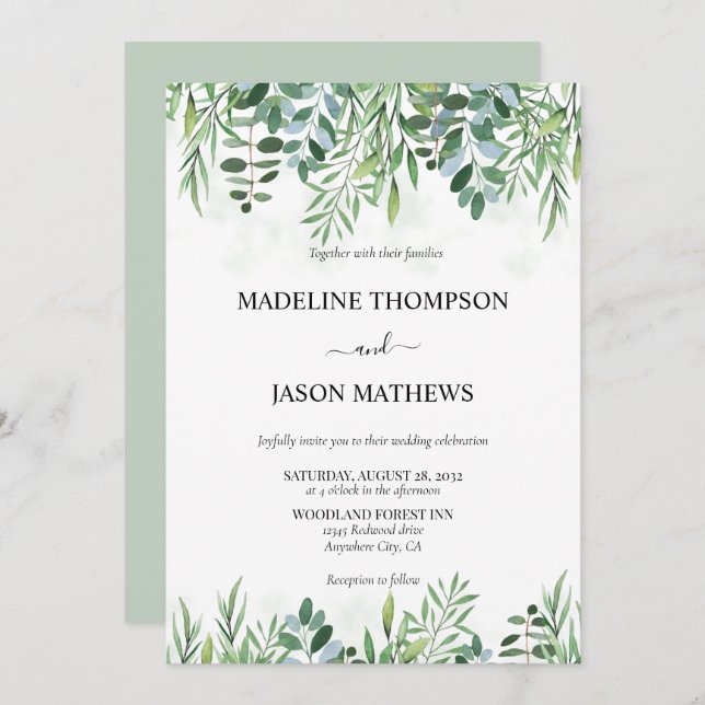 Invitation Elégant Sage Vert verdure Eucalyptus Mariage (Devant / Derrière)