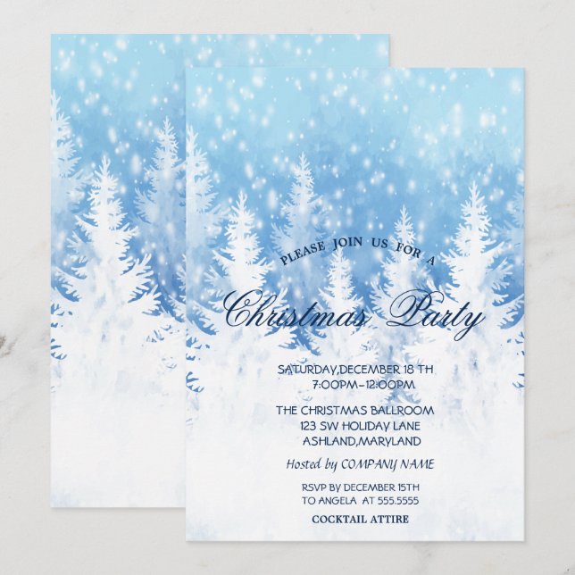 Invitation Elégant sapin de Noël, fête de Noël de la neige (Devant / Derrière)