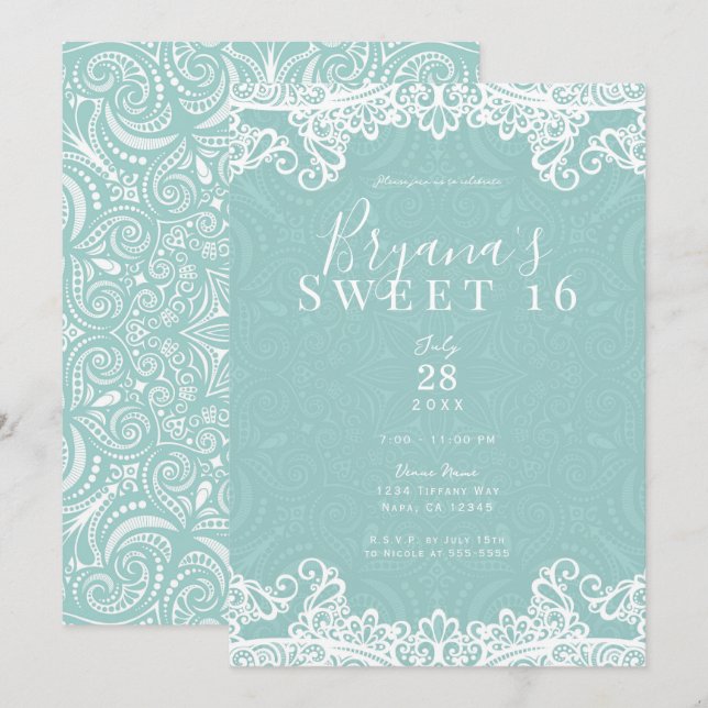 Invitation Élégant sarcelle turquoise blanc dentelle doux 16  (Devant / Derrière)