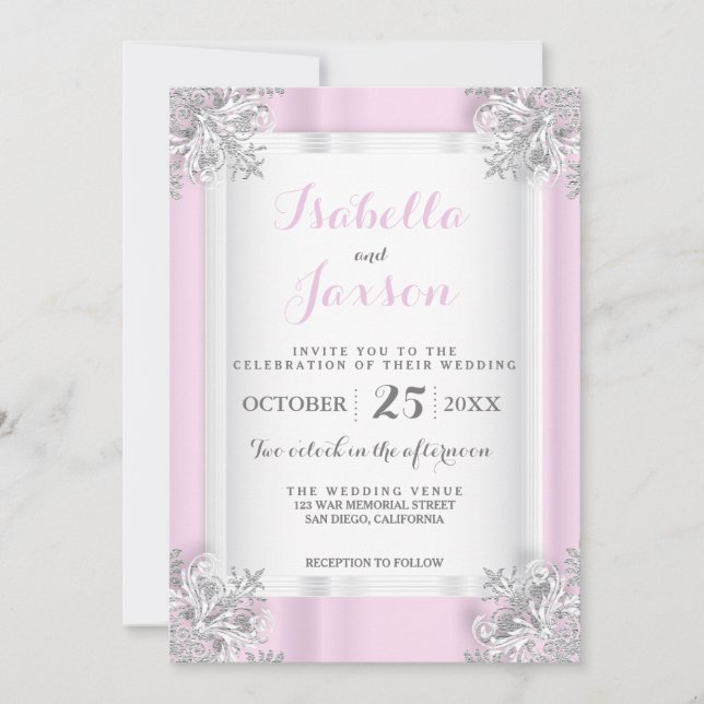 Invitation Élégant Satin rose et blanc avec Ornat Argent (Devant)