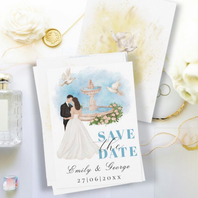Invitation Élégant Sauvez la Date avec Mariée & Groom Fontain (Créateur téléchargé)