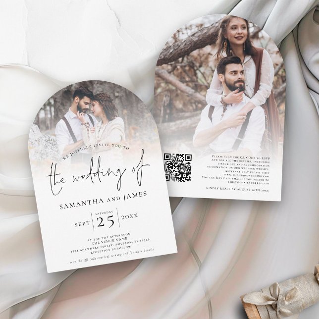 Invitation Élégant Script 2 Photos superposer Mariage de code (Front and back view)