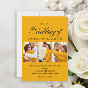 Invitation Élégant Script 3 Photo Mariage Jaune