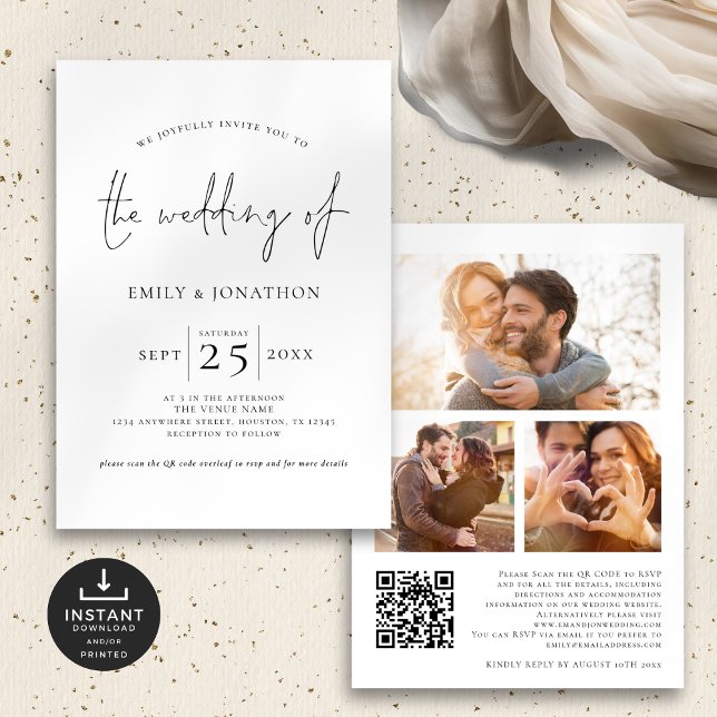 Invitation Élégant script 3 Photo QR Code noir blanc Mariage (Front and back view)