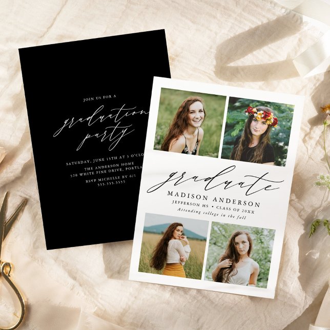 Invitation Élégant Script 4 Photo Graduation Party (Créateur téléchargé)