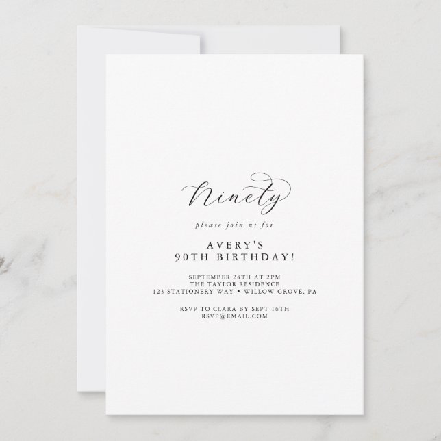 Invitation Élégant Script 90e fête d'anniversaire (Devant)