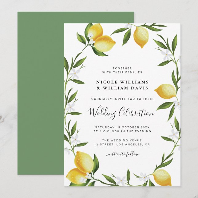 Invitation Élégant script aquarelle citrons mariage (Devant / Derrière)
