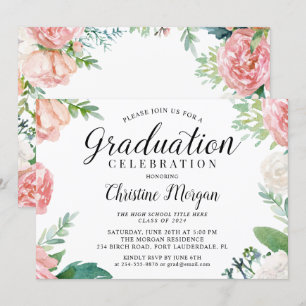 Invitation Élégant Script Aquarelle Peach Floral Graduation