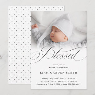 Invitation Élégant Script Bienheureux Christening Baptême Pho