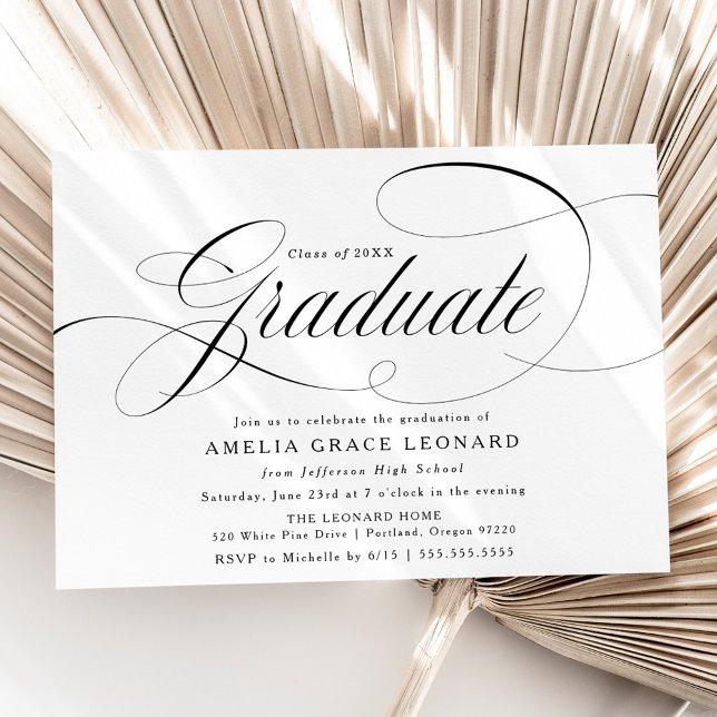 Invitation Élégant Script Black and White Graduation Party (Créateur téléchargé)