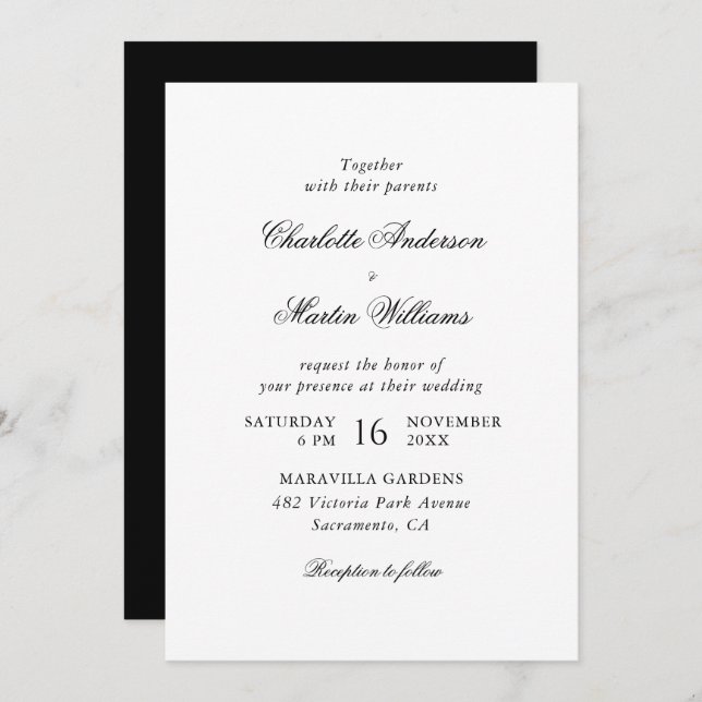 Invitation Elegant Script Black and White Wedding (Devant / Derrière)