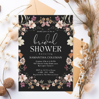 Invitation Élégant Script Black Boho Fleur sauvage Fête des m