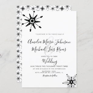Invitation Élégant Script Black Snowflakes Mariage de Noël
