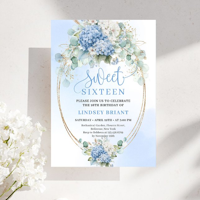 Invitation Elegant Script Blue Hydrangea Gold Sweet Sixteen (Elegant Script Blue Hydrangea Gold Sweet Sixteen)