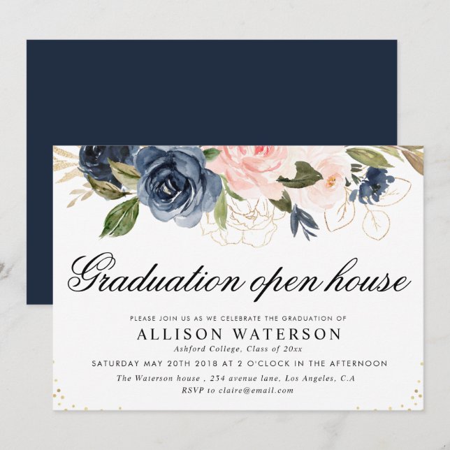 Invitation Elégant script blush & navy graduation open house (Devant / Derrière)