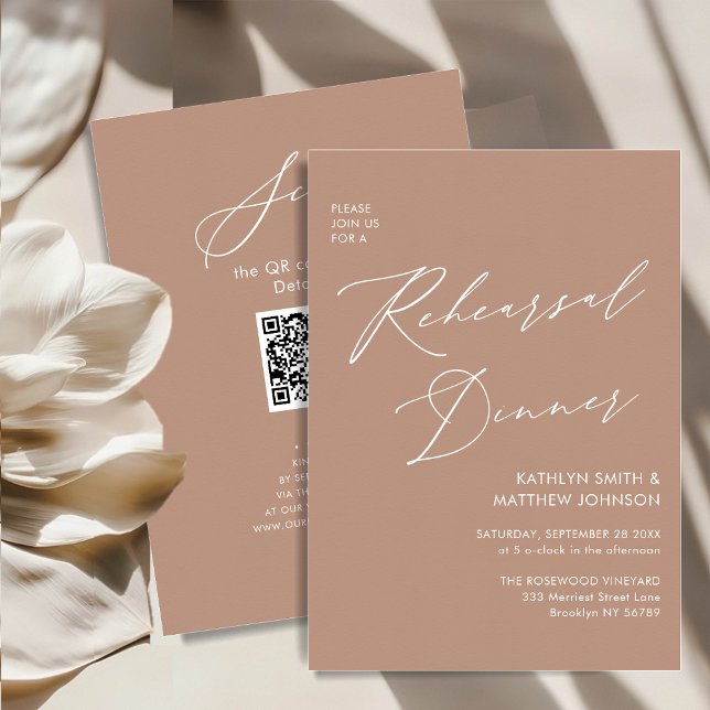 Invitation Élégant Script Blush Pink Dîner de répétition QR (Créateur téléchargé)
