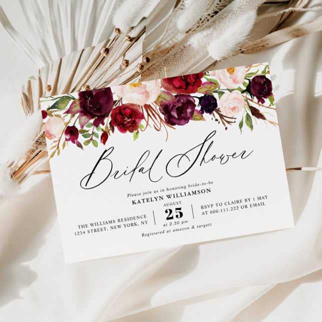 Invitation élégant script bordeaux brun brush fleuri douche (Créateur téléchargé)