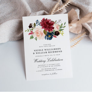 Invitation Élégant script Bourgogne bleu marine bleu mariage