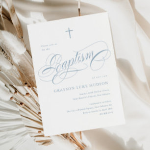 Invitation Élégant Script Calligraphie Dusty Blue Boys Baptêm