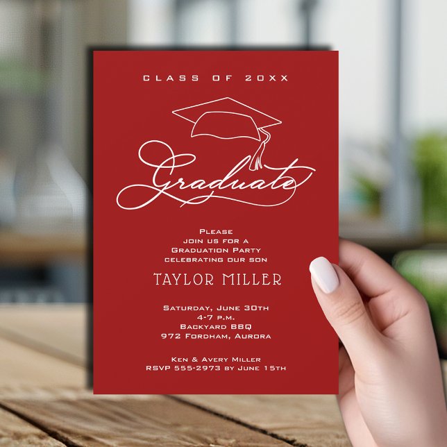 Invitation Élégant Script Cardinal Red Graduation (Elegant white script and grad hat cardinal red graduation party invitations)