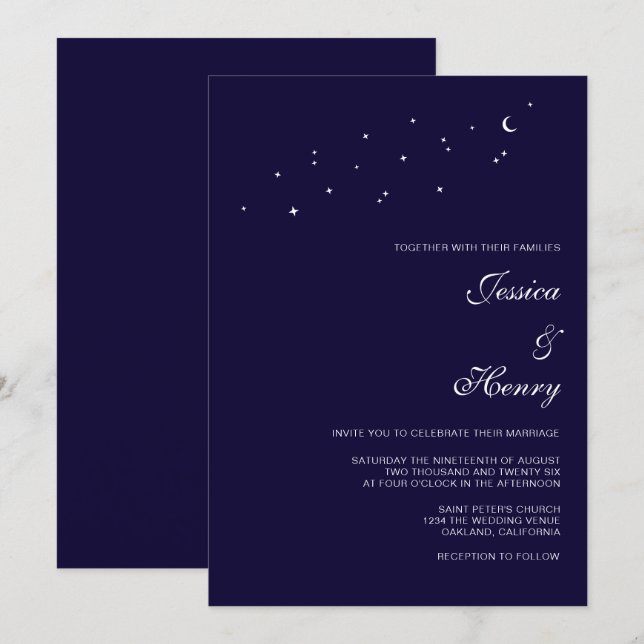 Invitation Élégant script céleste Mariage bleu nuit (Devant / Derrière)