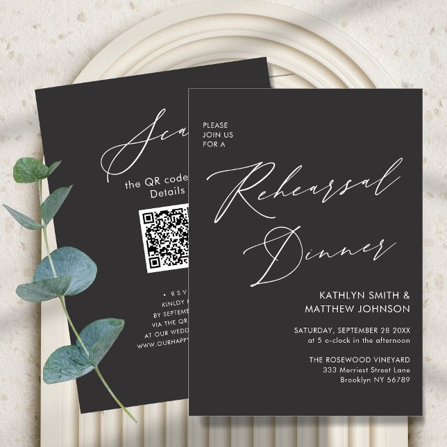 Invitation Élégant Script Chic Grey Rehearsal Diner Code QR (Créateur téléchargé)