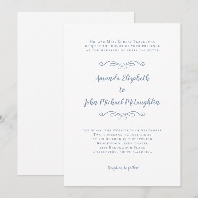 Invitation Élégant Script Classic Mariage officiel Dusty Blue (Devant / Derrière)