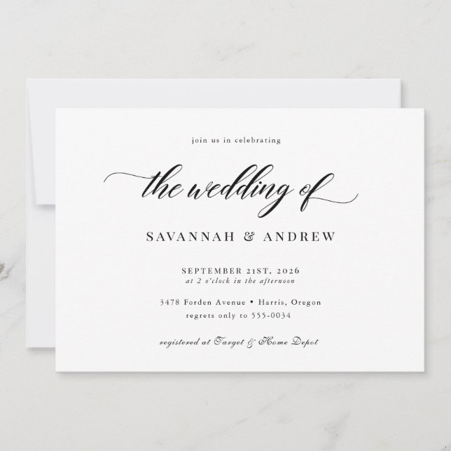 Invitation Élégant Script classique Mariage simple (Devant)