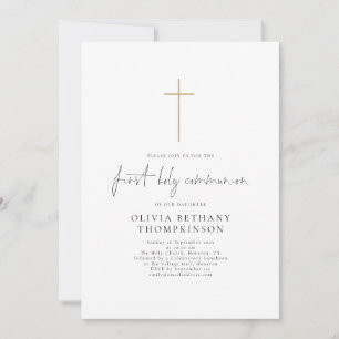 Invitation Élégant Script Croix d'or première communion saint
