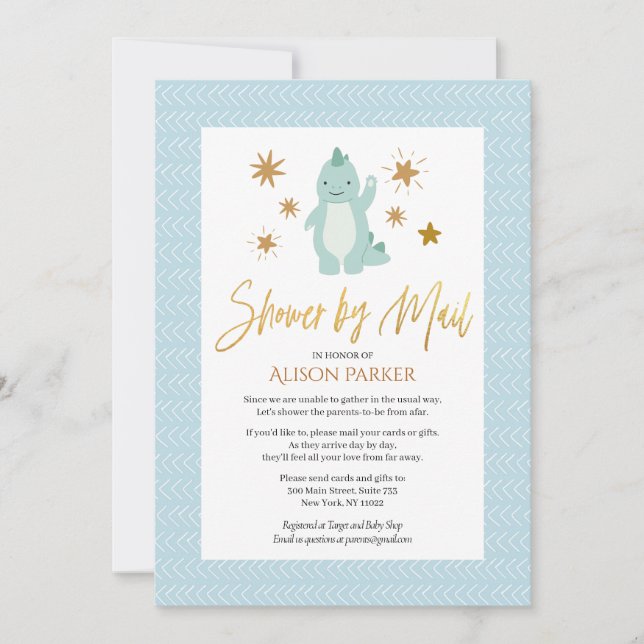 Invitation Élégant Script Cute Blue Dinosaur Douche par courr (Devant)